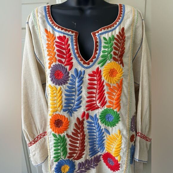 Sister Mary Gloria Tunic Top Rainbow Floral Embroidery Linen Size Medium - Picture 5 of 14